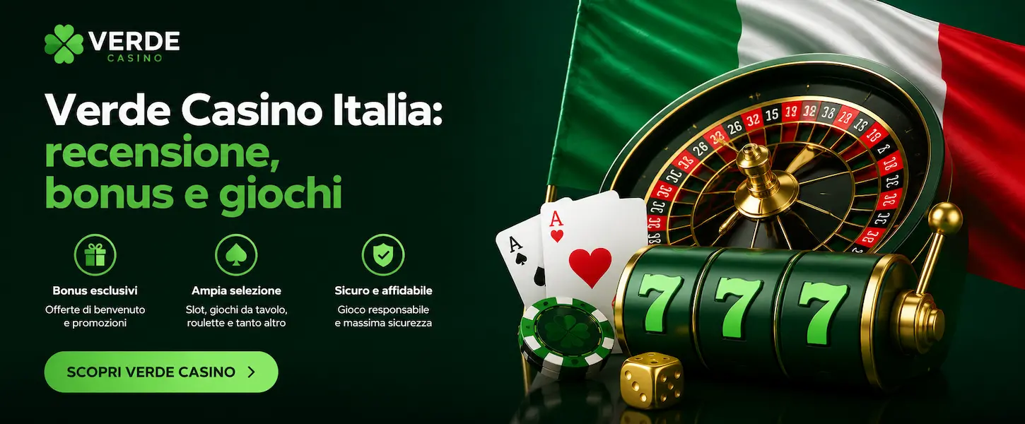 Recensione di Verde Casino Italia con bonus, giochi da casinò, roulette e slot in un design moderno ispirato al brand.