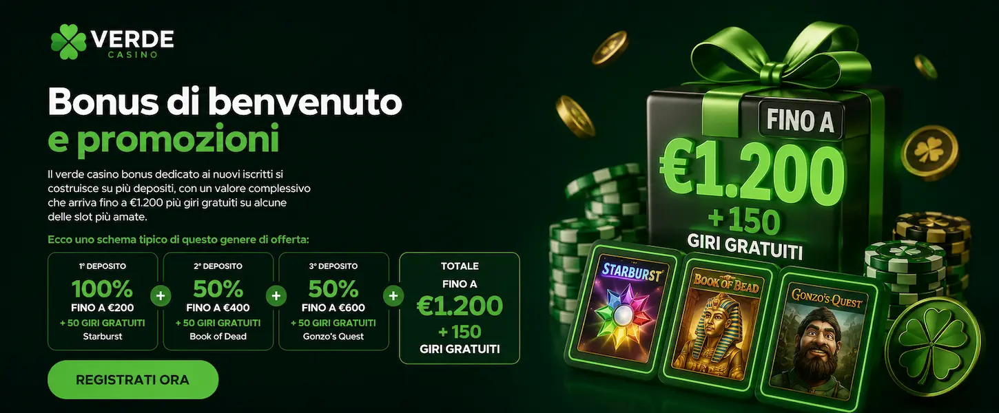 Bonus di benvenuto Verde Casino Italia con offerte fino a €1.200 e giri gratuiti presentati in uno stile moderno.