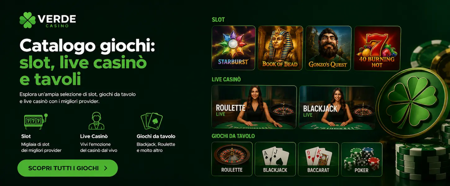 Catalogo giochi Verde Casino Italia con slot, live casinò e tavoli da gioco presentati in uno stile moderno e coinvolgente.